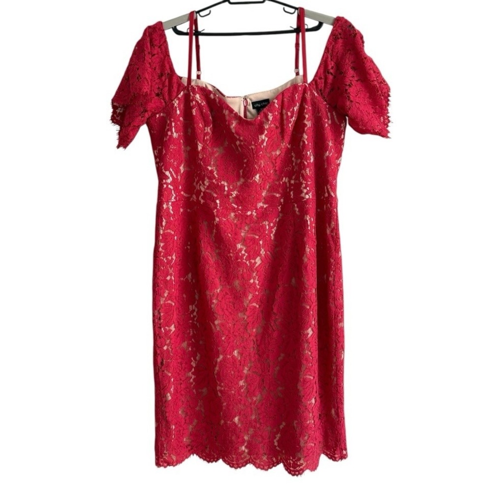 City Chic Lace Whisper Dress Sz XL 22 Raspberry Nude Midi Wedding Guest Sexy NWT